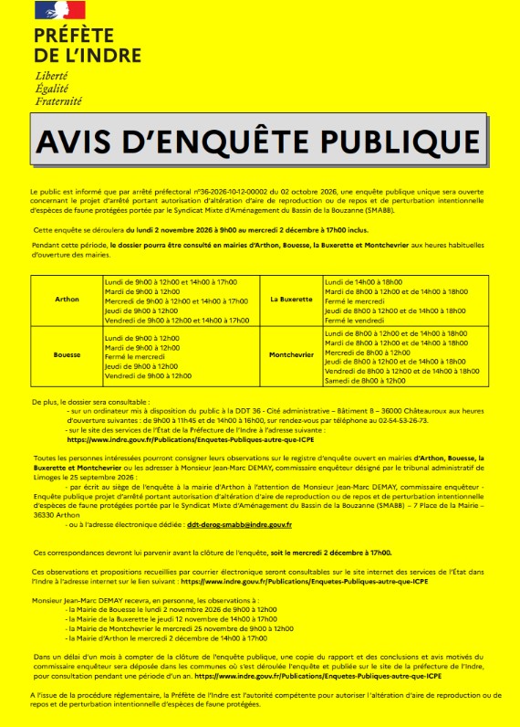 Enquête Publique Restauration Ecologique du Bassin de la Bouzanne